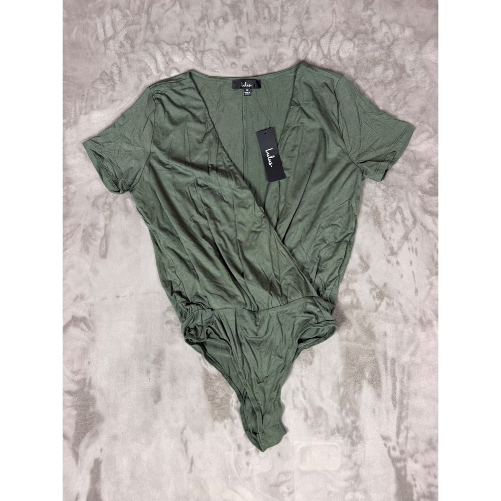 Lulus Olive Green Short Sleeve Surplice Wrap Bodysuit NWT Size Medium